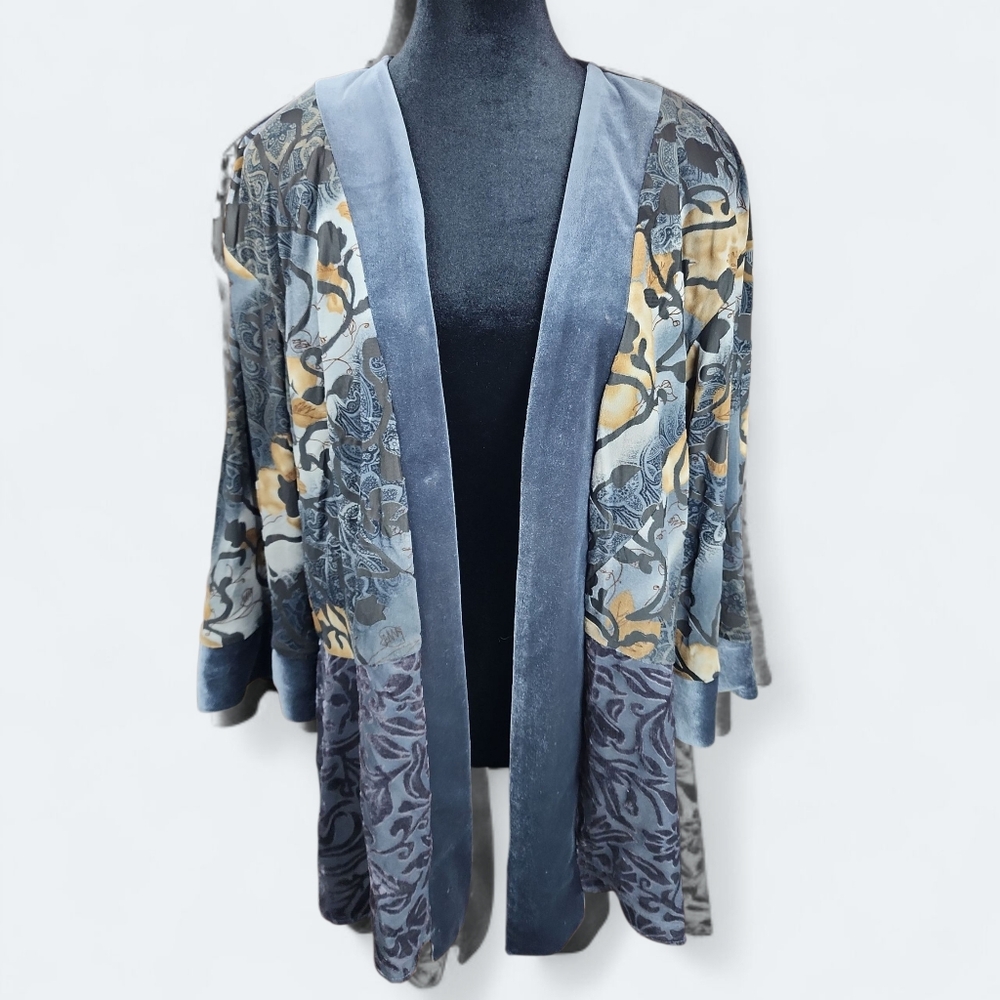 R&M RICHARDS‎ | Karen Kwong Blue Tan Gray Burnout Velvet Kimono Cardigan | 18W
